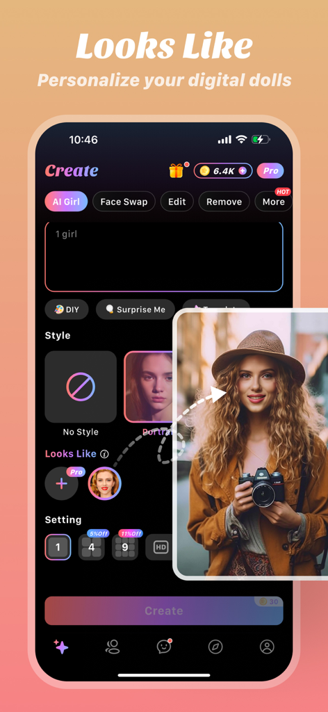 Midoll-Create&Chat AI girl - Midoll app screen showing the personalization of a digital doll with a reference photo.