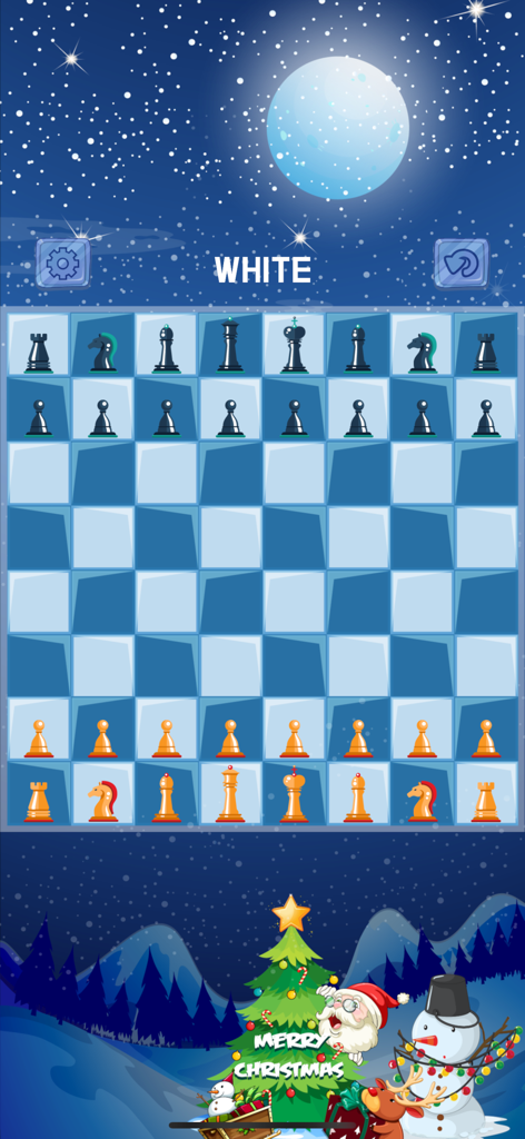 Super Chess for Watch & Phone - Una interfaz de juego de ajedrez móvil con un tema festivo de Navidad que presenta un cielo estrellado, un muñeco de nieve y Papá Noel.
