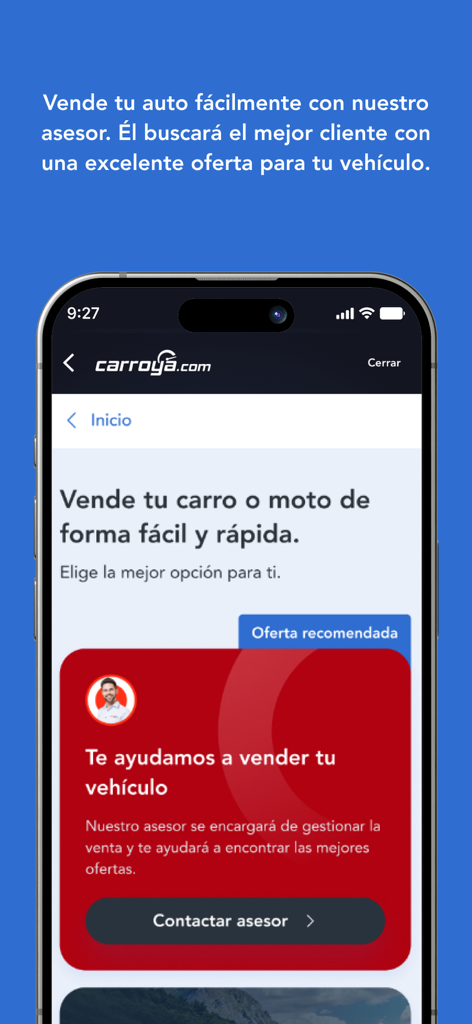 CarroYa - Interface de aplicativo móvel para venda de carros ou motocicletas com suporte de consultor profissional