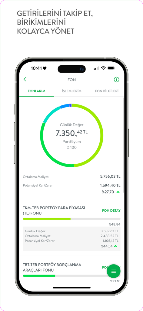 CEPTETEB - CEPTETEB-Mobil-App-Oberfläche mit einer Zusammenfassung von Investmentfonds und Portfolio-Performance.
