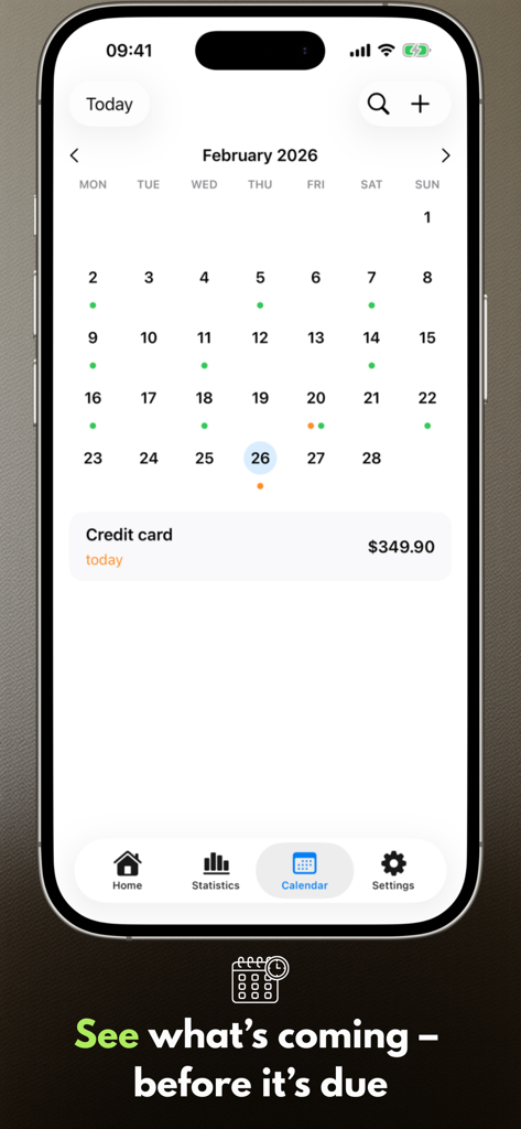Payment Calendar: Bill Tracker - A monthly calendar view in the Payment Calendar app showing scheduled bill payments and a credit card due date.