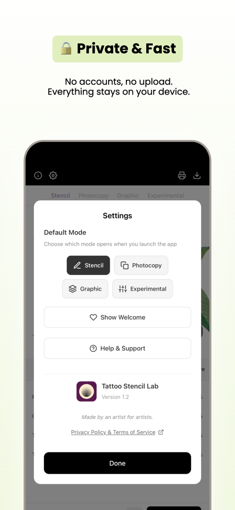 Tattoo Stencil Lab app settings screen highlighting privacy features and default mode selection