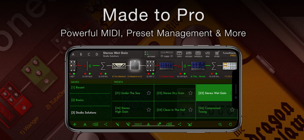 ToneStack PRO Guitar Amps & FX - Interfaz de la aplicación móvil ToneStack PRO que muestra preajustes de efectos de guitarra y opciones de gestión MIDI