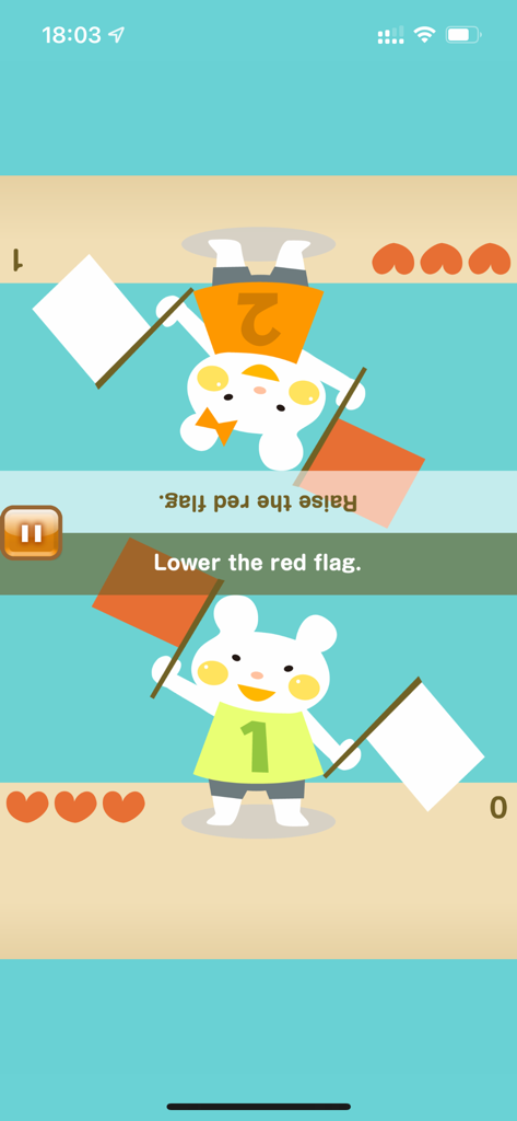 Flag Up! for Kids - Dos personajes de osos lindos en una pantalla dividida de juego de dos jugadores levantando banderas