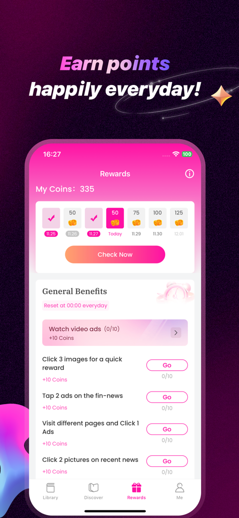 Kikistory - Read Good Novel - Kikistory app Rewards page showing daily check-in and coin rewards.