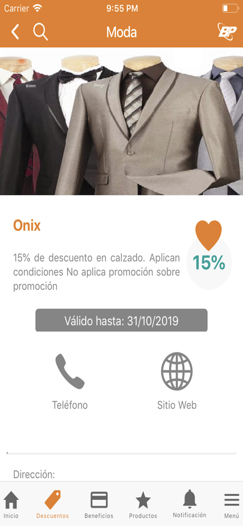 BP Promociones app interface displaying a fashion discount from Onix