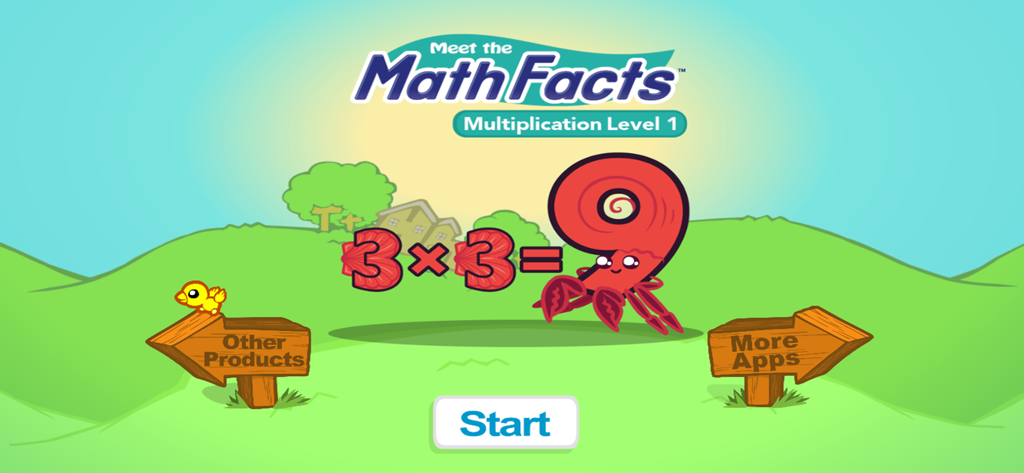 Multiplication 1 Game - The start screen of the Multiplication 1 Game app featuring the equation 3 times 3 equals 9 with animated math characters.