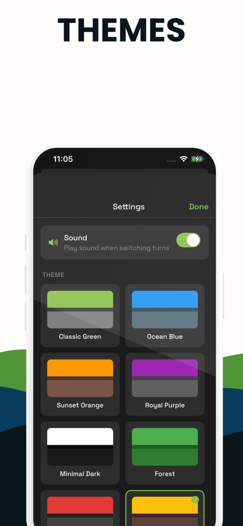 Chess Timer - Chess Clock - Settings screen of the Chess Timer app showing various color theme options and sound toggle