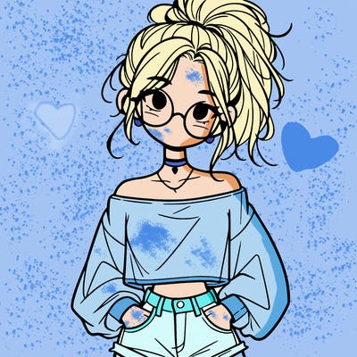 girl with a messy ponytail glasses a baggy crop top and jean shorts