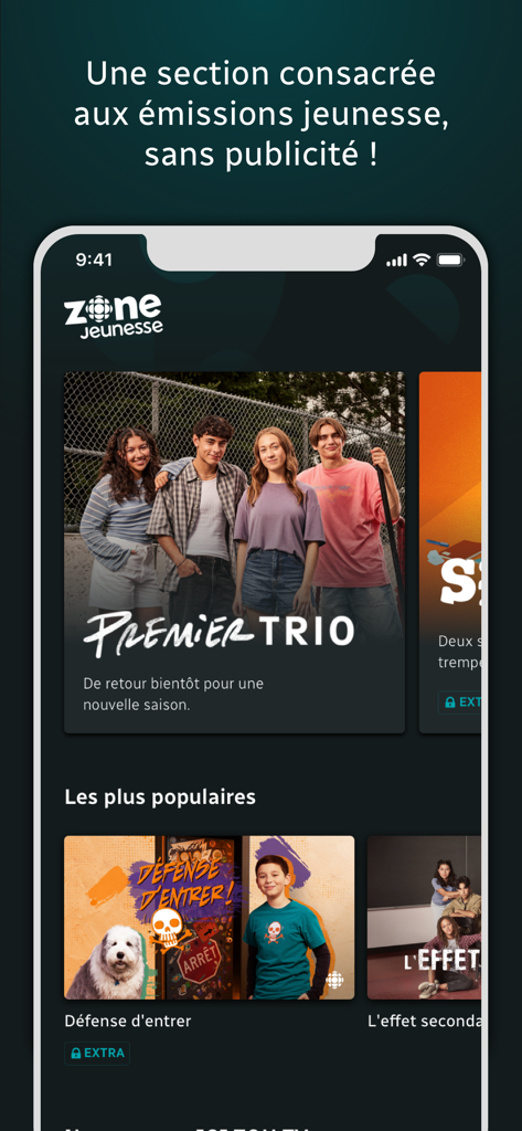 Interface de l'application mobile ICI TOU.TV présentant la section jeunesse sans publicité avec diverses émissions pour enfants en français comme Premier Trio