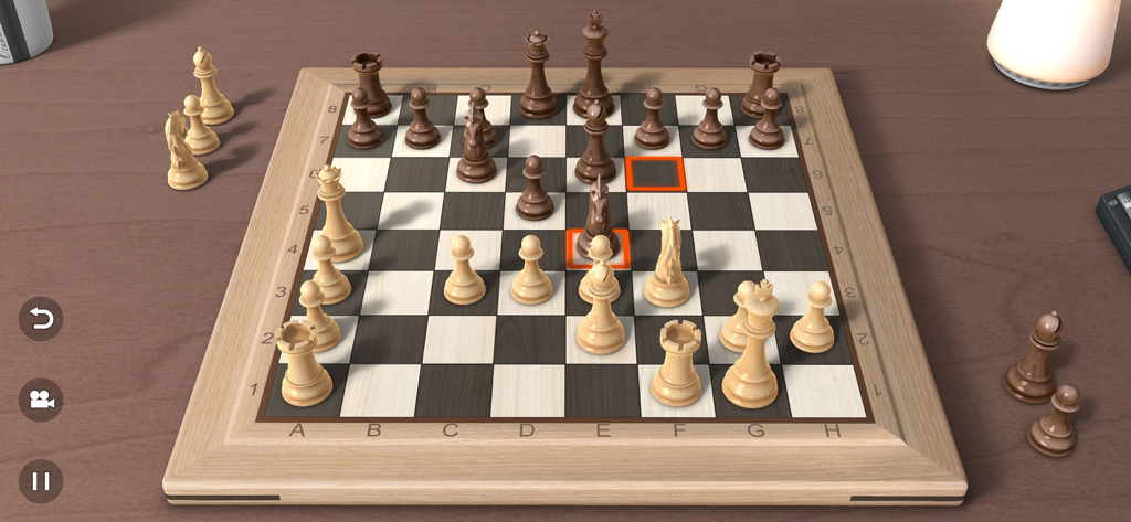 A realistic 3D chess game showing wooden pieces on a classic board with a move highlighted in red.