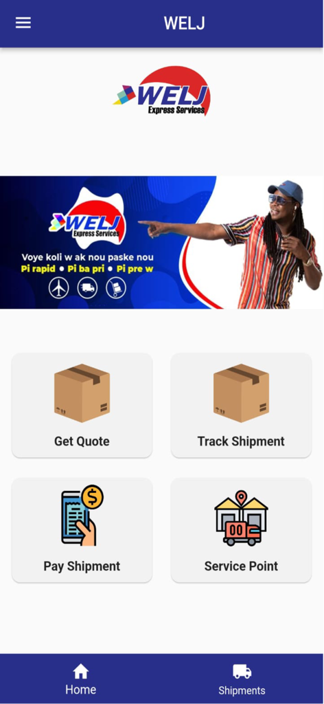 WELJ Express Services app home screen showing buttons for tracking shipments and getting shipping quotes