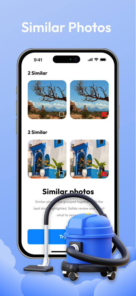 AI Cleanup: Photo Cleaner - Interface of AI Cleanup app showing grouped similar photos for easy review and deletion with a 3D vacuum cleaner graphic.