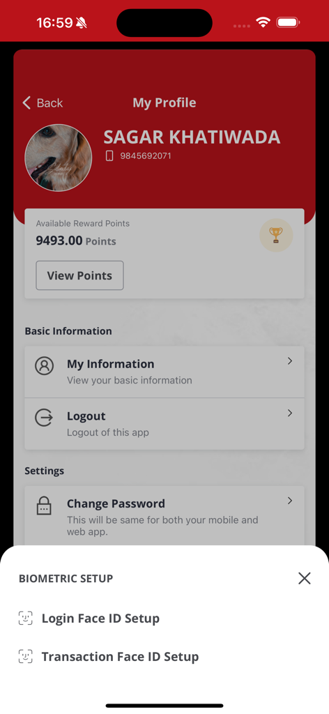 EBL Mobile Banking - User profile screen with reward points and biometric face ID setup in EBL Mobile Banking app