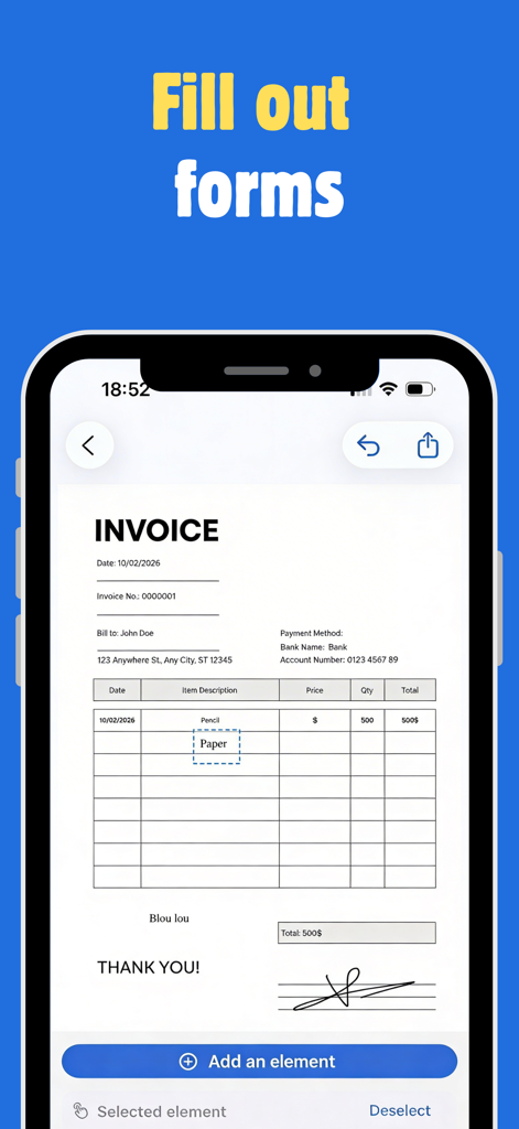 Signature Maker - Easign - Easign mobile app interface showing a user filling out an invoice form with text and signature