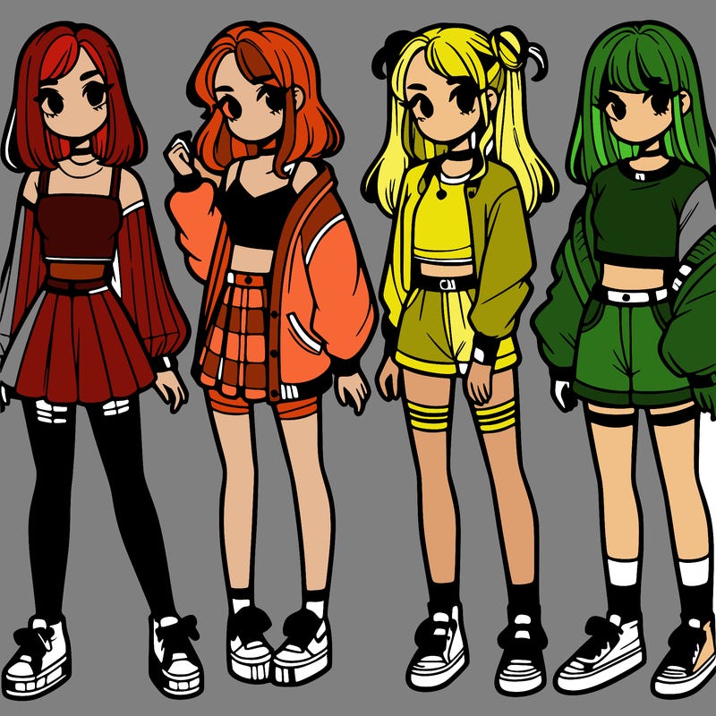 one girl with crop-top shirt and a jacket with a skirt, long socks and another girl with a shirt and pants with a jacket