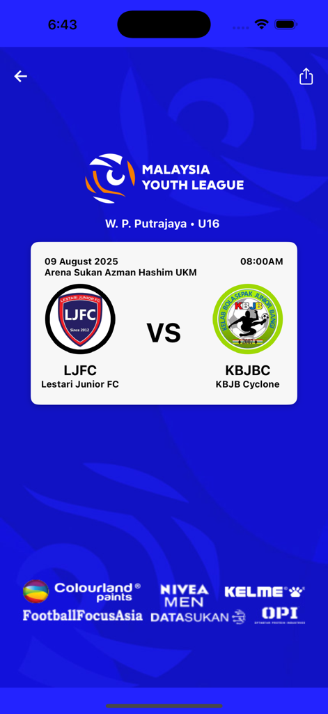Malaysia Youth League - Malaysia Youth League mobile app screen showing a match fixture between Lestari Junior FC and KBJB Cyclone