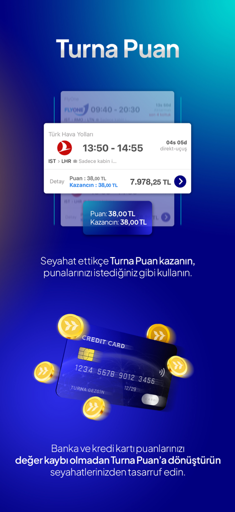 Turna - Uçak Otel Otobüs Araç - Oberfläche der Turna App, die zeigt, wie man Reisepunkte sammelt und Kreditkartenpunkte für Flugbuchungen umwandelt.