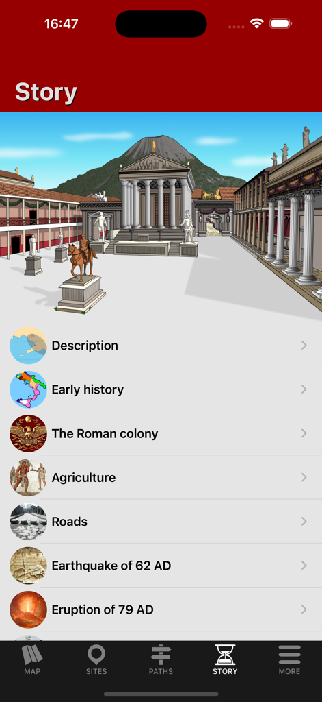 Pantalla de la aplicación Pompeii travel guide que muestra temas históricos y una reconstrucción 3D de la antigua ciudad.