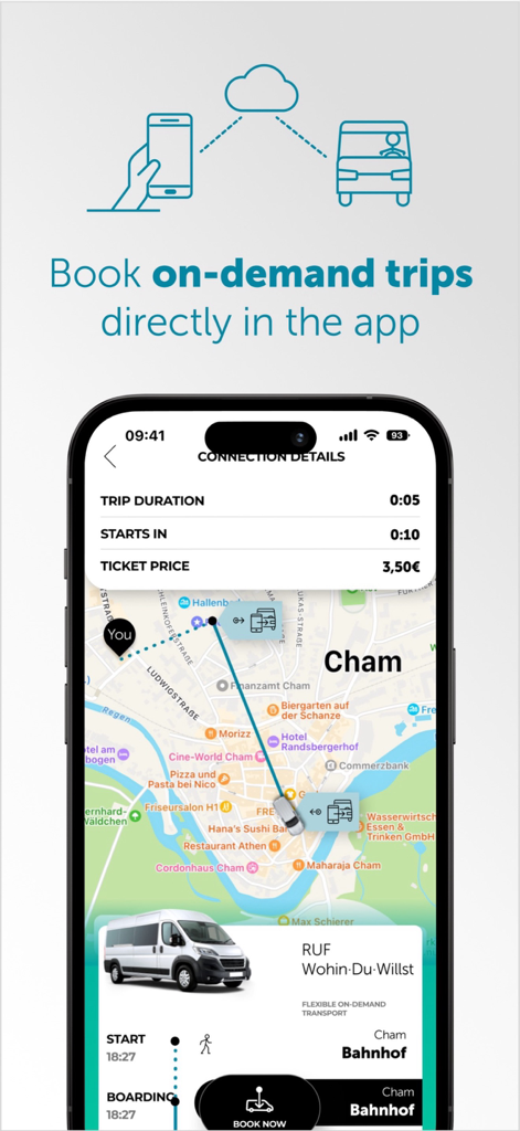 Wohin·Du·Willst - Wohin Du Willst app screen showing on-demand trip booking details and a map of Cham Germany