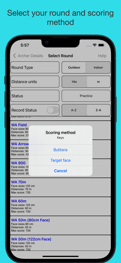 ArcheryLink - ArcheryLink app screen showing options to select archery rounds like WA 70m and a popup for choosing between button or target face scoring methods