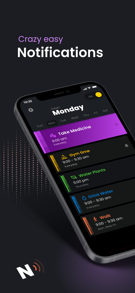 iPhone screen showing the Nudge app interface with a list of daily reminders for health and chores