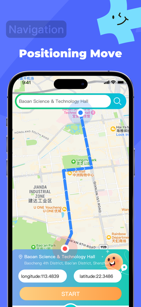 Interface of iMoveGo showing a map route and GPS coordinate simulation for location changing