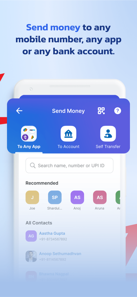 PayZapp app screen showing UPI money transfer options to any app or bank account