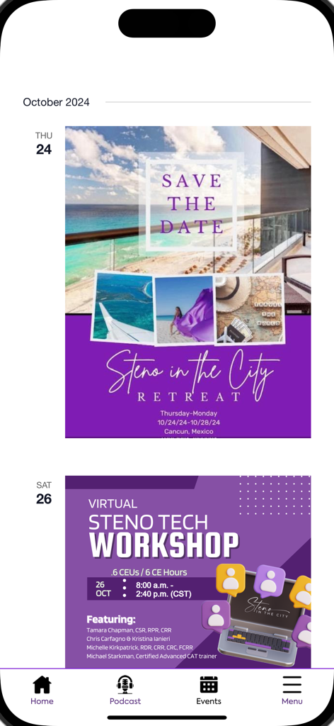 Steno In The City - Steno In The City app interface showing upcoming events including a retreat in Cancun and a virtual tech workshop for court reporters