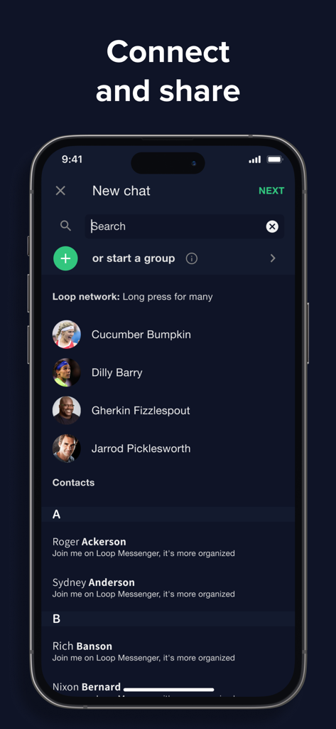 Loop Messenger - Loop Messenger app interface showing the New Chat screen with contact search and network lists.