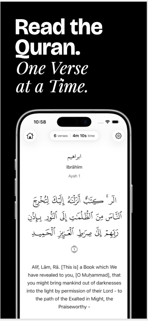 QuranScroll - QuranScroll app showing a single Quran verse in Arabic and English with reading time and progress stats