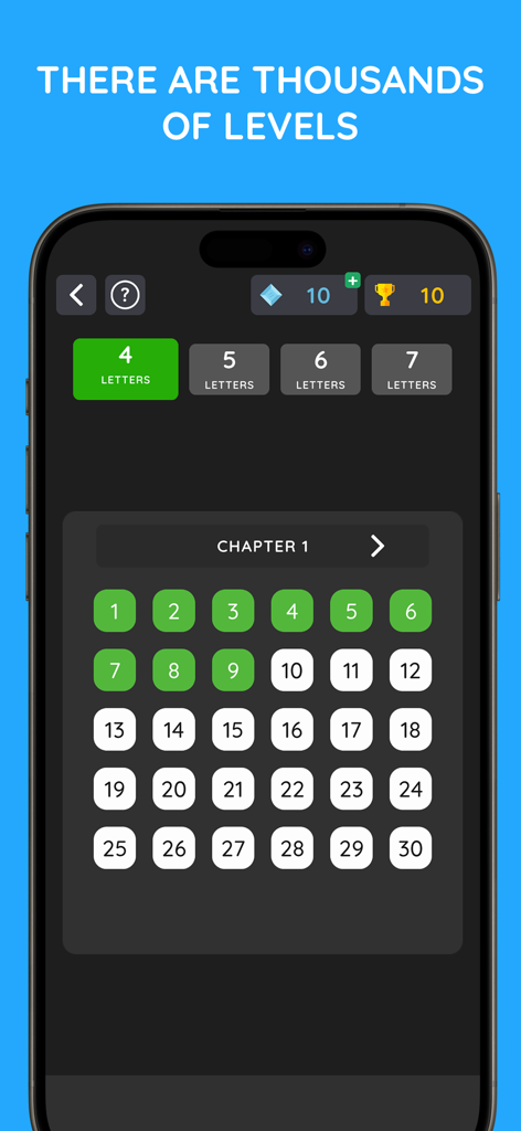 WordDaily: Guess the Word - Level selection screen of WordDaily app showing word length options and chapter levels