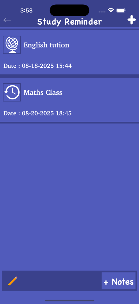World General Knowledge - GK - Captura de pantalla de la pantalla de recordatorio de estudio mostrando clases programadas de inglés y matemáticas.