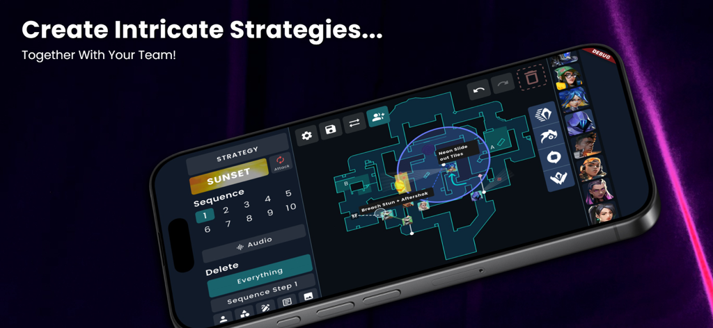 발로란트 전술 맵 인터페이스로 팀 전략 및 요원 라인업 계획