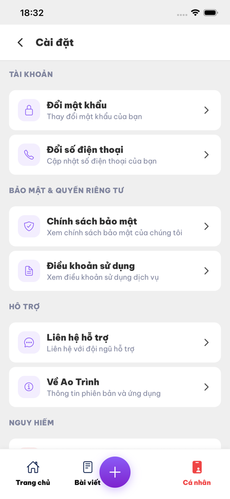 Ao Trình - Settings interface of the Ao Trinh sports app showing account management and privacy options in Vietnamese.