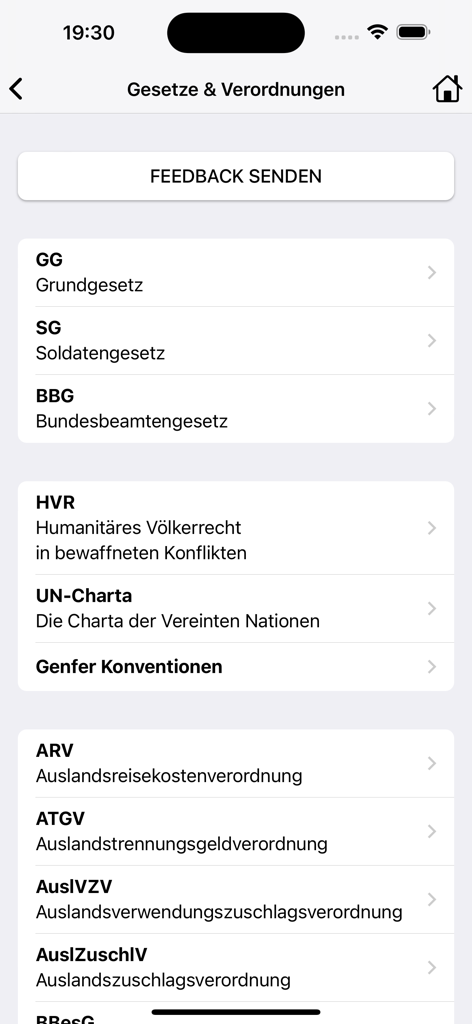 BLexi – Bundeswehr-Lexikon - A menu listing German and international military laws and regulations in the BLexi app