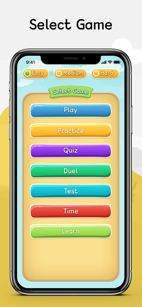 Kids Math IQ - キッズ算数IQアプリのメインメニュー。ゲームモードと難易度レベルが表示されています。