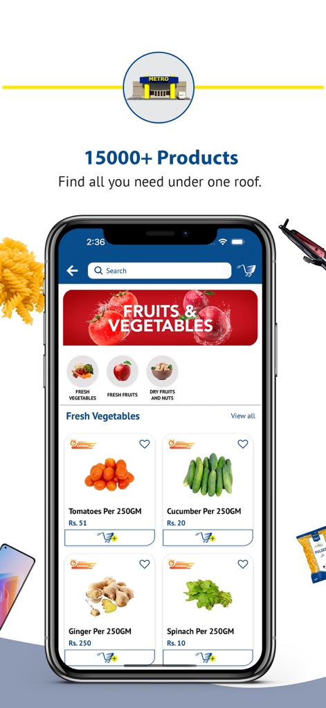 Metro Online. - Interfaz de la aplicación de compras Metro Online mostrando categorías de verduras y frutas frescas