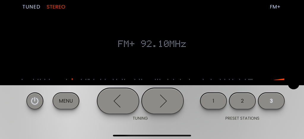 TunedRadios - Minimalist digital radio interface with tuning buttons and FM frequency display