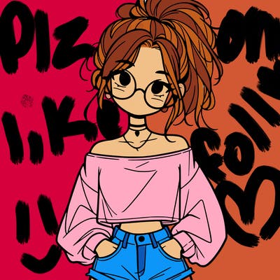 girl with a messy ponytail glasses a baggy crop top and jean shorts