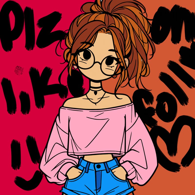 girl with a messy ponytail glasses a baggy crop top and jean shorts