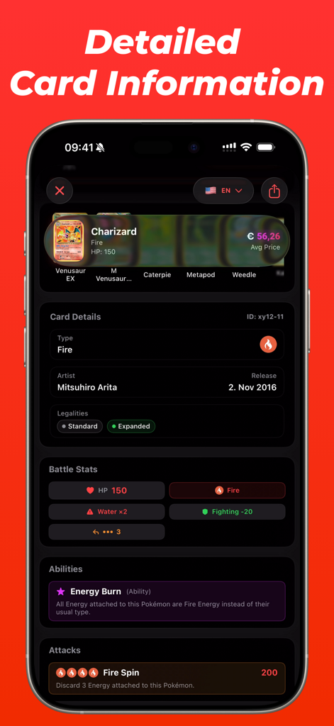 Eyevo TCG ‒ Card Scanner - Eyevo TCG app interface showing detailed stats and market price for a Charizard card