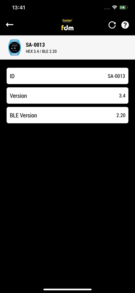 FDM - Freelap Device Manager app screen displaying device ID and firmware versions