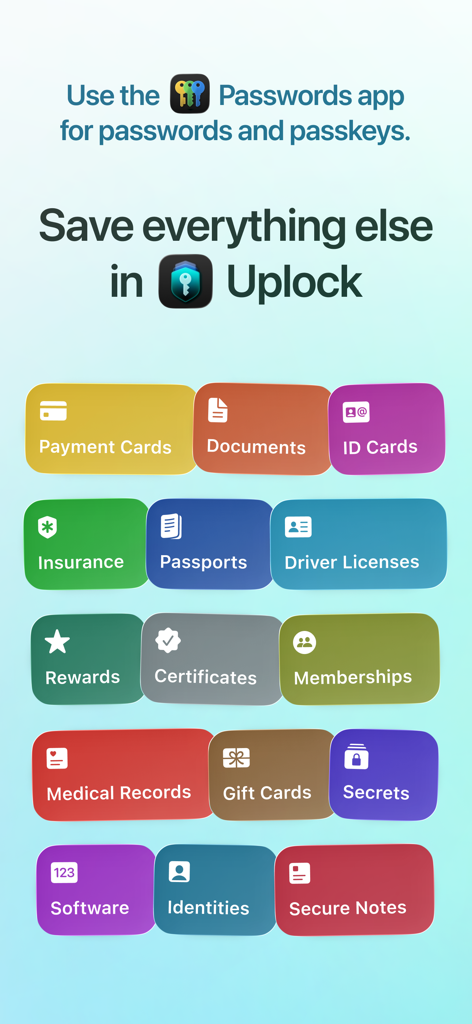 Uplock - A list of secure storage categories in the Uplock app including passports, ID cards, and medical records.