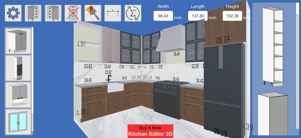 3D kitchen design interface showing cabinets and appliances with measurements in inches
