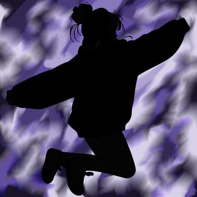 realistic girl jumping with a bun and oversized sweatshirt