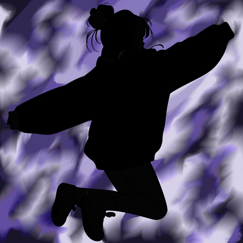 realistic girl jumping with a bun and oversized sweatshirt