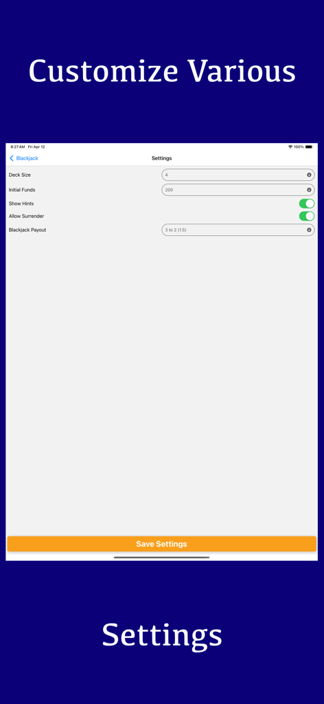 Settings menu of the Blackjack Strategy Training app displaying options to customize deck size and payouts.