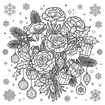 Celebrate the holiday season with this unique coloring page featuring elegant carnations intertwined with festive Christmas decorations. Discover charming reindeers, shimmering ornaments, and beautifully wrapped gifts waiting for your creative touch.