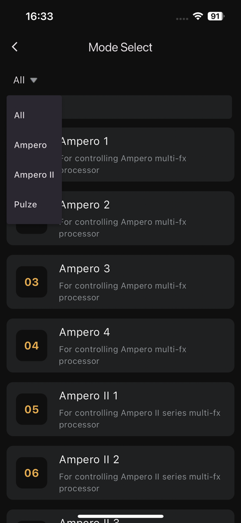 Pulze Control - Mode selection screen in the Pulze Control app for Hotone devices